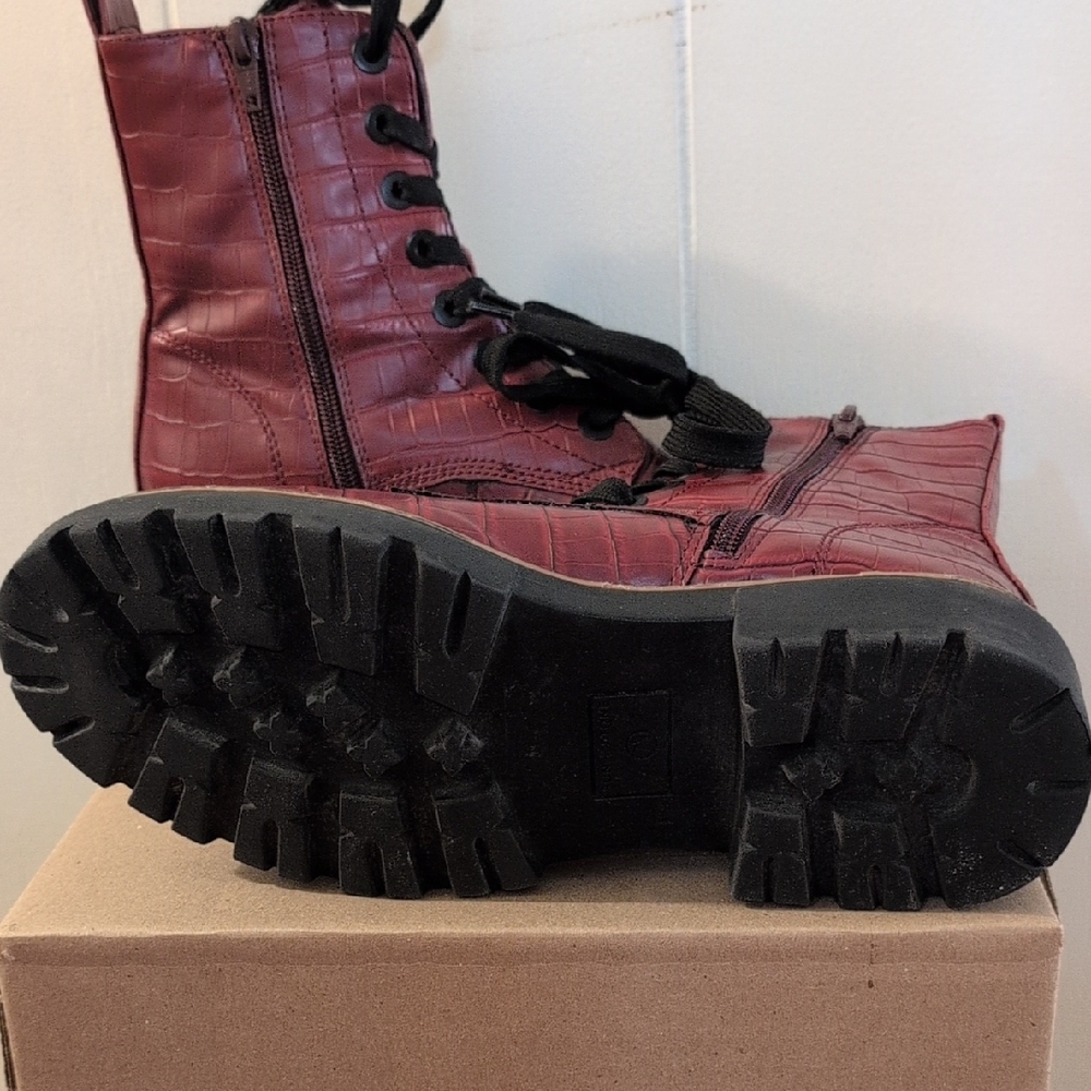 Sun + Stone Maroon Croc-Embossed Combat Boots - Picture 10 of 12